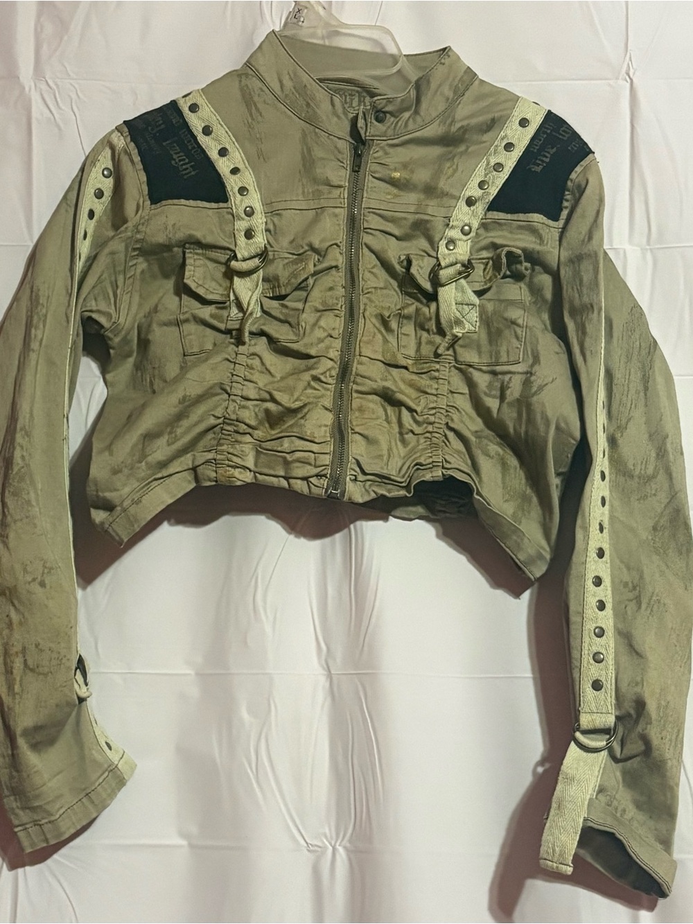 Cropped Olive Utility Jacket with Strap & Stud Details